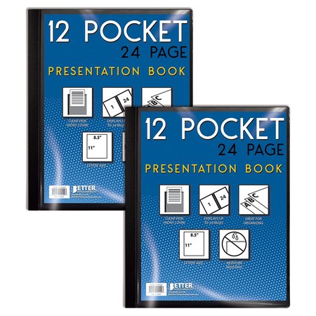 BETTER OFFICE PRODUCTS Presentation Book, 12-Pocket, Black, W/Clear View Front Cover, 8.5in. x 11in. Sheets, 2PK 32014